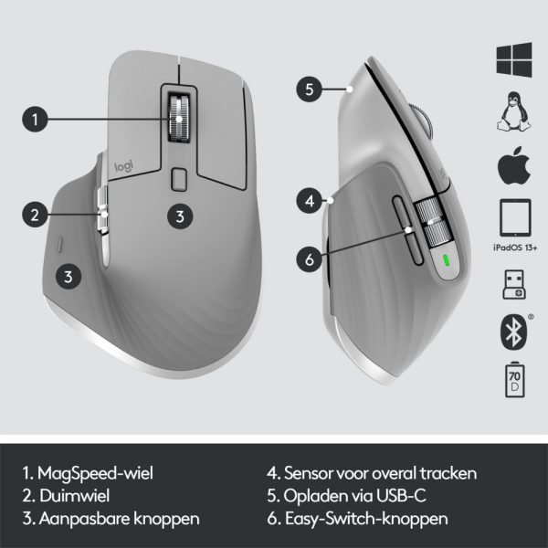 Logitech MX Master 3 | Draadloze Muis | RF-Draadloos + Bluetooth | 4000 DPI | Grijs - Afbeelding 15