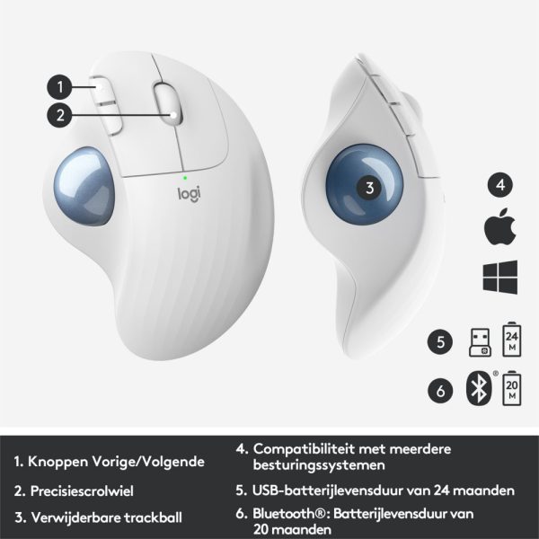 Logitech M575 Ergo Trackball | Ergonomische Draadloze Muis | RF-Draadloos + Bluetooth | 2000 DPI | Wit - Afbeelding 7