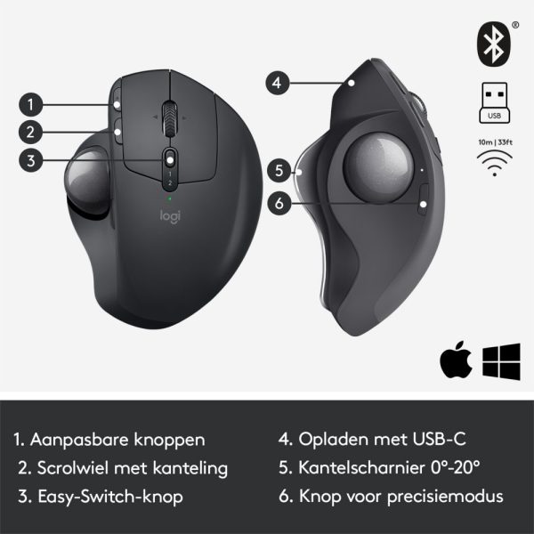 Logitech MX Ergo | Ergonomische Draadloze Muis met Trackball | RF-Draadloos + Bluetooth | 20480 DPI | Zwart - Afbeelding 7