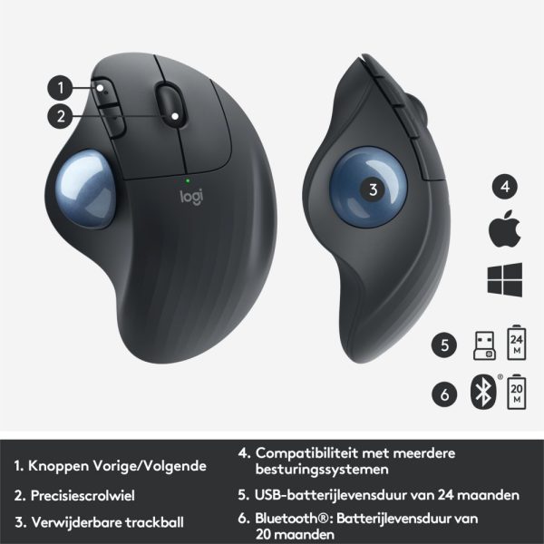 Logitech M575 Ergo Trackball | Ergonomische Draadloze Muis | RF-Draadloos + Bluetooth | 2000 DPI | Grafiet - Afbeelding 14