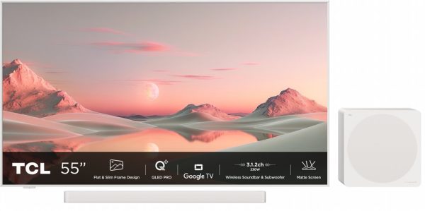 TCL NXTFRAME 55A300W Pro Wit 55" | Ultra HD 4K QLED Smart TV | Draadloze Soundbar en Subwoofer | Google TV + Wifi | HDR10+ | 120Hz
